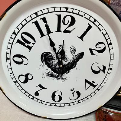 Sale Photo Thumbnail #58: Roosters! This lot includes a 22" x 20" artwork piece, a 24" x 9.5" artwork piece, 1 clock and 2 small serving plates