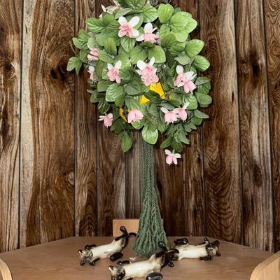 Sale Photo Thumbnail #200: Macrame hanging plant holder, fake plant, three cat figurines