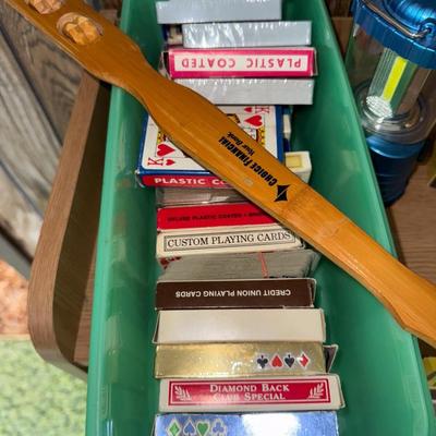 Sale Photo Thumbnail #204: Decks of cards, backscratcher, lantern, closet light