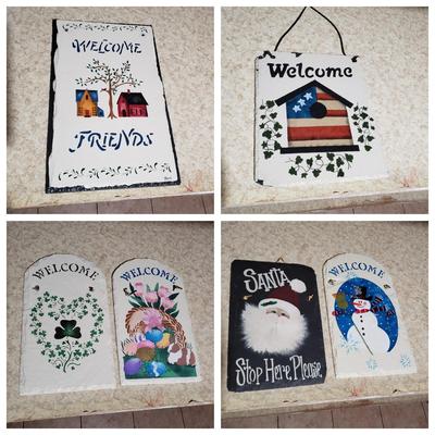 LOT 307B: Outdoor Decor; 8 Slate Wall Hangings, 7 Outdoor Seasonal Flags, 6 Assorted Throw Rugs
