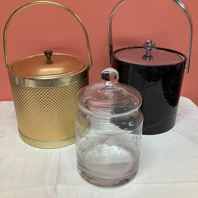 Sale Photo Thumbnail #83: Lot of 2 vintage ice buckets and 1 glass candy/cookie jar