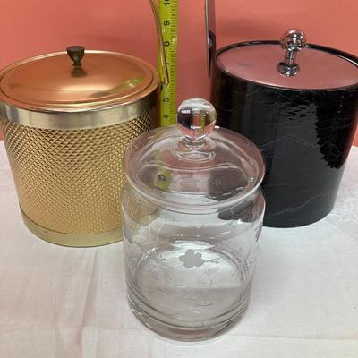 Sale Photo Thumbnail #84: Lot of 2 vintage ice buckets and 1 glass candy/cookie jar