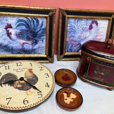 Sale Photo Thumbnail #95: Lot of 2 - 12" x 13" rooster pictures, a rooster clock, 2 small plates and a rooster canister