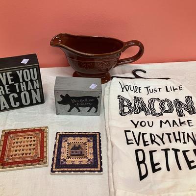 Sale Photo Thumbnail #96: Eclectic grouping of 2 bacon signs, brown ceramic gravy boat, kitchen towel and 2 farmhouse style coasters