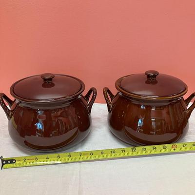 Sale Photo Thumbnail #102: Set of 2 matching brown cookware safe crocks