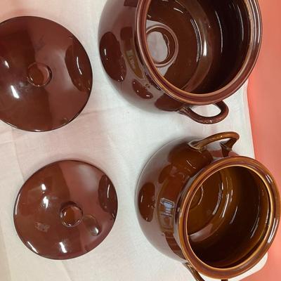 Sale Photo Thumbnail #104: Set of 2 matching brown cookware safe crocks