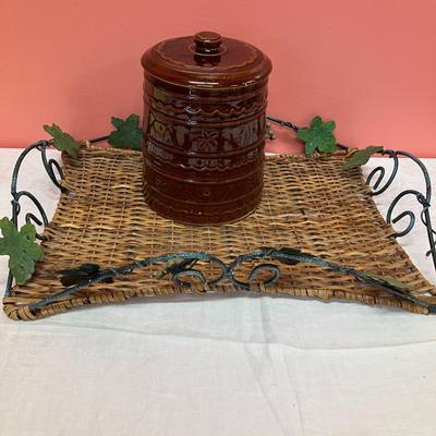 Sale Photo Thumbnail #105: Marcrest cookie jar and an ivy ratan tray