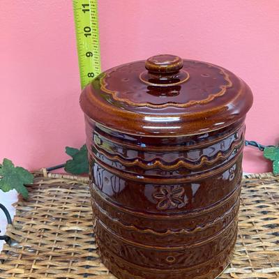 Sale Photo Thumbnail #108: Marcrest cookie jar and an ivy ratan tray
