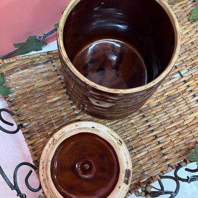 Sale Photo Thumbnail #107: Marcrest cookie jar and an ivy ratan tray