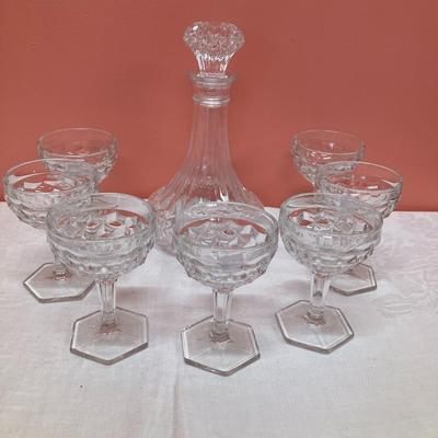Sale Photo Thumbnail #116: Vintage glass decanter and set of 7 Fostoria champagne glasses