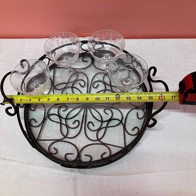 Sale Photo Thumbnail #118: Set of 4 floral etched champagne glasses and an iron tray with glass bottom