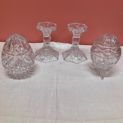 Sale Photo Thumbnail #128: Grouping of 2 matching glass taper candlesticks, 1 glass egg and 1 glass egg candy/nut dish