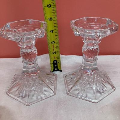 Sale Photo Thumbnail #129: Grouping of 2 matching glass taper candlesticks, 1 glass egg and 1 glass egg candy/nut dish