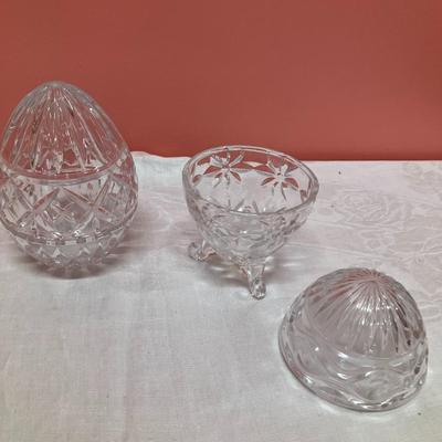 Sale Photo Thumbnail #131: Grouping of 2 matching glass taper candlesticks, 1 glass egg and 1 glass egg candy/nut dish