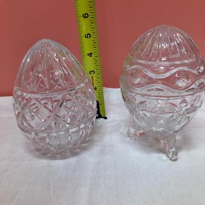Sale Photo Thumbnail #130: Grouping of 2 matching glass taper candlesticks, 1 glass egg and 1 glass egg candy/nut dish