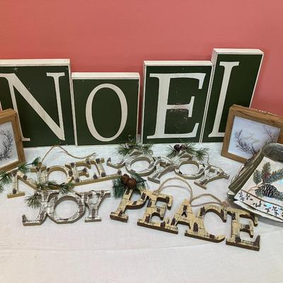 Sale Photo Thumbnail #167: Grouping of pine tree themed holiday decor including: Large NOEL block letters, 5 word hanging decor pieces, 2 small shadow boxes and a Yankee candle plate/topper set