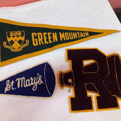 Sale Photo Thumbnail #174: Set of 2 vintage school letterman patches and a vintage felt school pennant flag