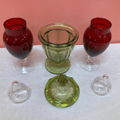 Sale Photo Thumbnail #187: Set of 2 vintage red candy dishes and 1 vintage green glassware candy dish