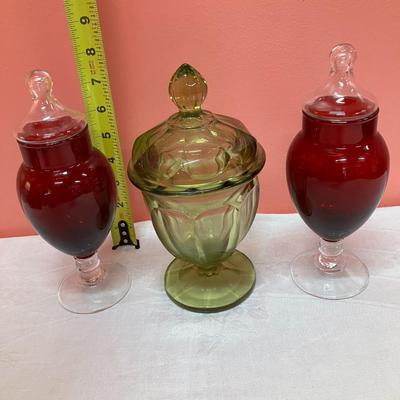 Sale Photo Thumbnail #188: Set of 2 vintage red candy dishes and 1 vintage green glassware candy dish