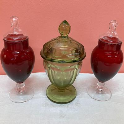 Sale Photo Thumbnail #186: Set of 2 vintage red candy dishes and 1 vintage green glassware candy dish