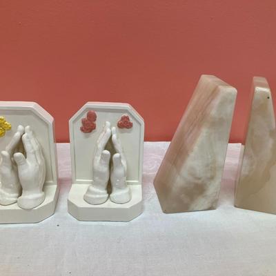 Sale Photo Thumbnail #192: Pairing of 2 sets of bookends: 1 set ceramic prayer hands, 1 set stone bookends