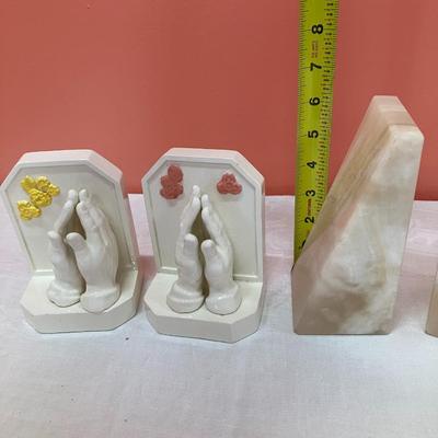 Sale Photo Thumbnail #195: Pairing of 2 sets of bookends: 1 set ceramic prayer hands, 1 set stone bookends