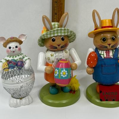 Easter Bunny Figurines Wooded Rabbit Nutcrackers and Metal Body Treat Container