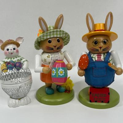 Easter Bunny Figurines Wooded Rabbit Nutcrackers and Metal Body Treat Container