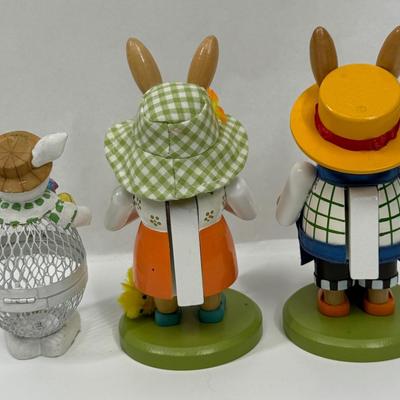 Easter Bunny Figurines Wooded Rabbit Nutcrackers and Metal Body Treat Container