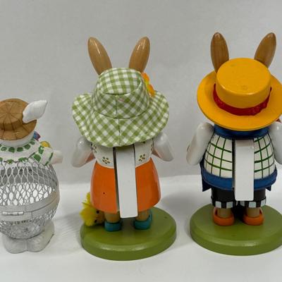 Easter Bunny Figurines Wooded Rabbit Nutcrackers and Metal Body Treat Container