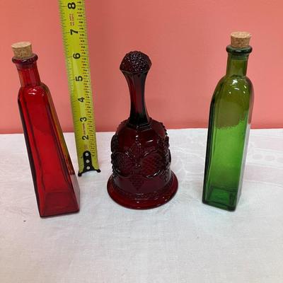 Sale Photo Thumbnail #203: Set of 2 colored glasses small bottles and a vintage AVON red glass bell