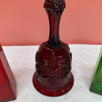 Sale Photo Thumbnail #204: Set of 2 colored glasses small bottles and a vintage AVON red glass bell