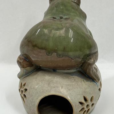Ceramic Garden Art Frog figure onto rock Candleholder or Incense Holder for tea lights 6"