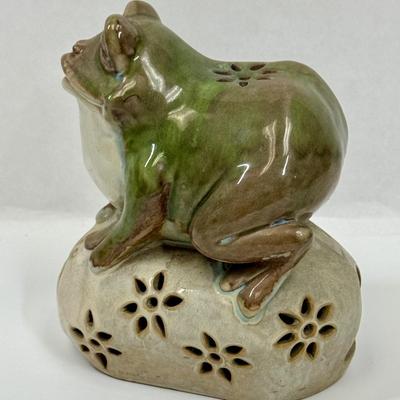 Ceramic Garden Art Frog figure onto rock Candleholder or Incense Holder for tea lights 6"