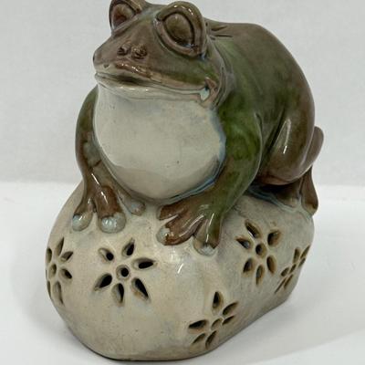 Ceramic Garden Art Frog figure onto rock Candleholder or Incense Holder for tea lights 6"