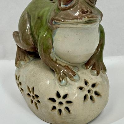 Ceramic Garden Art Frog figure onto rock Candleholder or Incense Holder for tea lights 6"