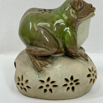Ceramic Garden Art Frog figure onto rock Candleholder or Incense Holder for tea lights 6"