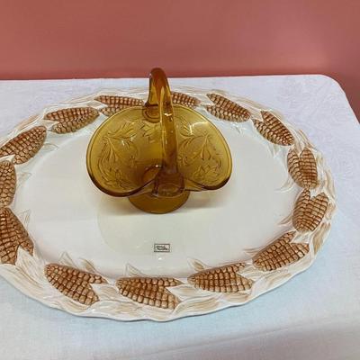 Sale Photo Thumbnail #213: Pairing of a fall ceramic platter and a vintage yellow glass basket