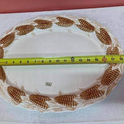Sale Photo Thumbnail #214: Pairing of a fall ceramic platter and a vintage yellow glass basket