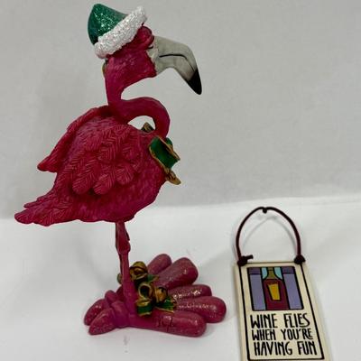 Holiday Decor - Christmas Flamingo and ceramic Wine saying hanger