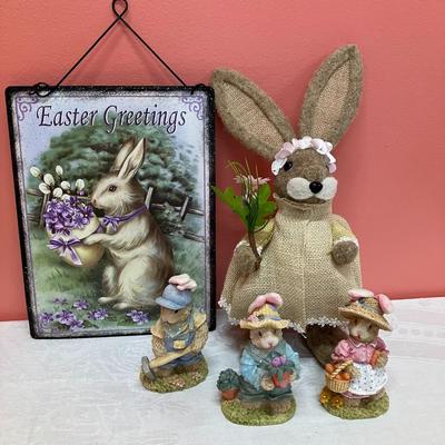 Sale Photo Thumbnail #262: Mixed Easter decor containing 1 metal sign, 1 plush bunny and 3 small ceramic figurines