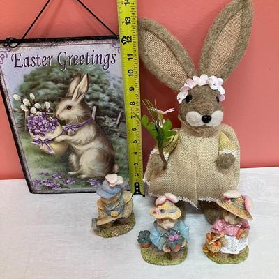 Sale Photo Thumbnail #263: Mixed Easter decor containing 1 metal sign, 1 plush bunny and 3 small ceramic figurines