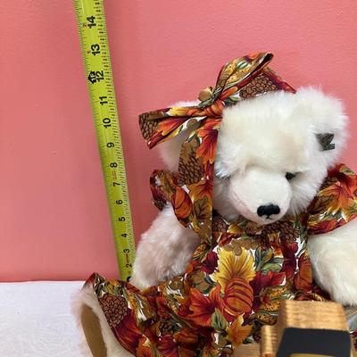 Sale Photo Thumbnail #269: Grouping of fall decor items: 1 large plush bear, 2 ceramic scarecrow votive holders, 1 wooden pilgrim decor