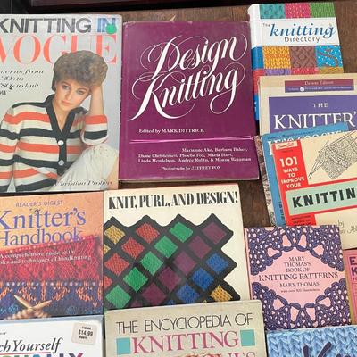 Knitting book lot + incomplete project