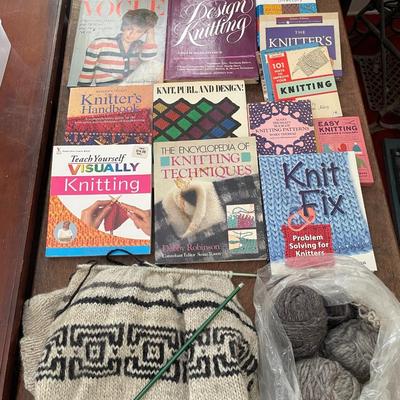 Knitting book lot + incomplete project