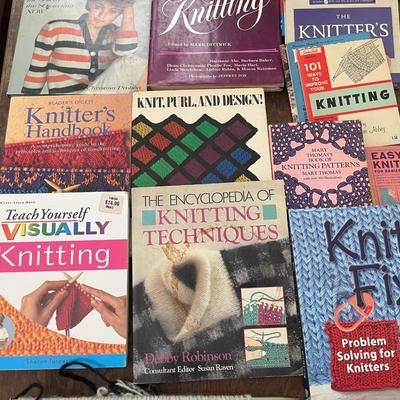 Knitting book lot + incomplete project