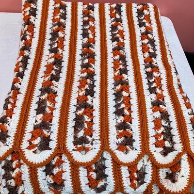 Sale Photo Thumbnail #276: 1 orange/brown/white vintage crotched afghan