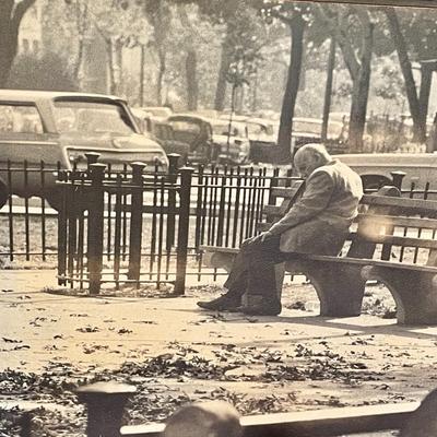 "Man on Bench" framed photograph by Edward Hollander, 1966