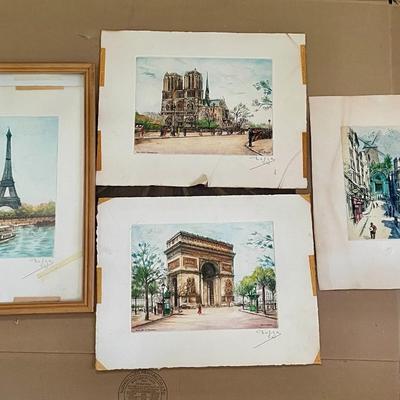 Four Paris etchings, unframed