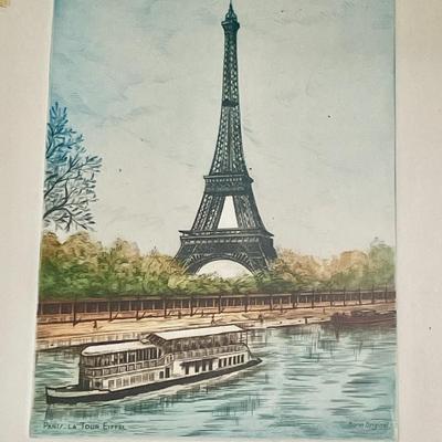 Four Paris etchings, unframed